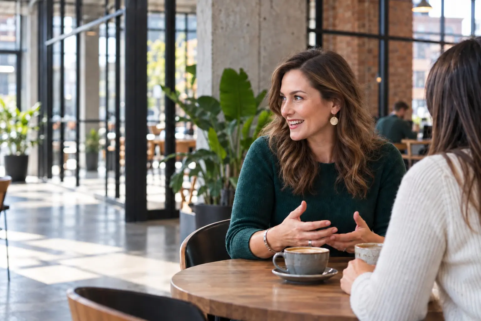 Two people having a thoughtful conversation over coffee in a bright, modern workspace