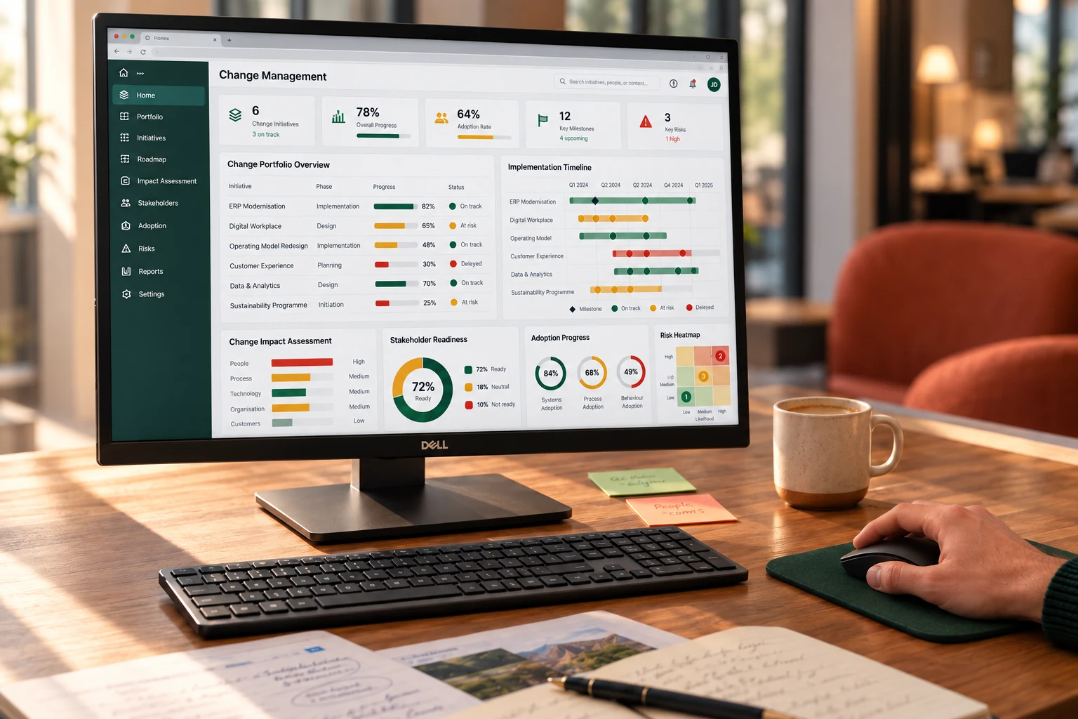 A change management dashboard in active use