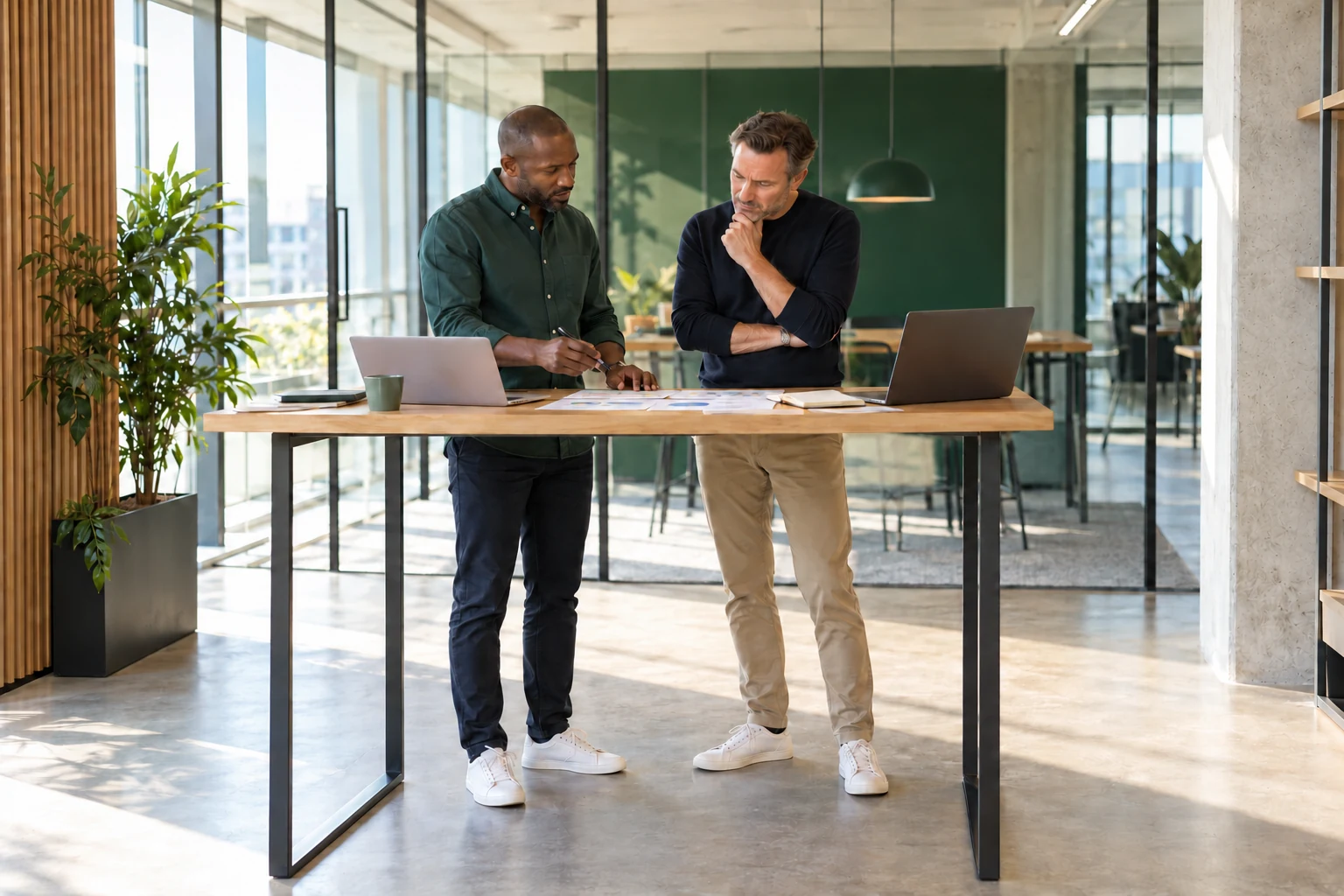 Two colleagues having a focused, supportive conversation