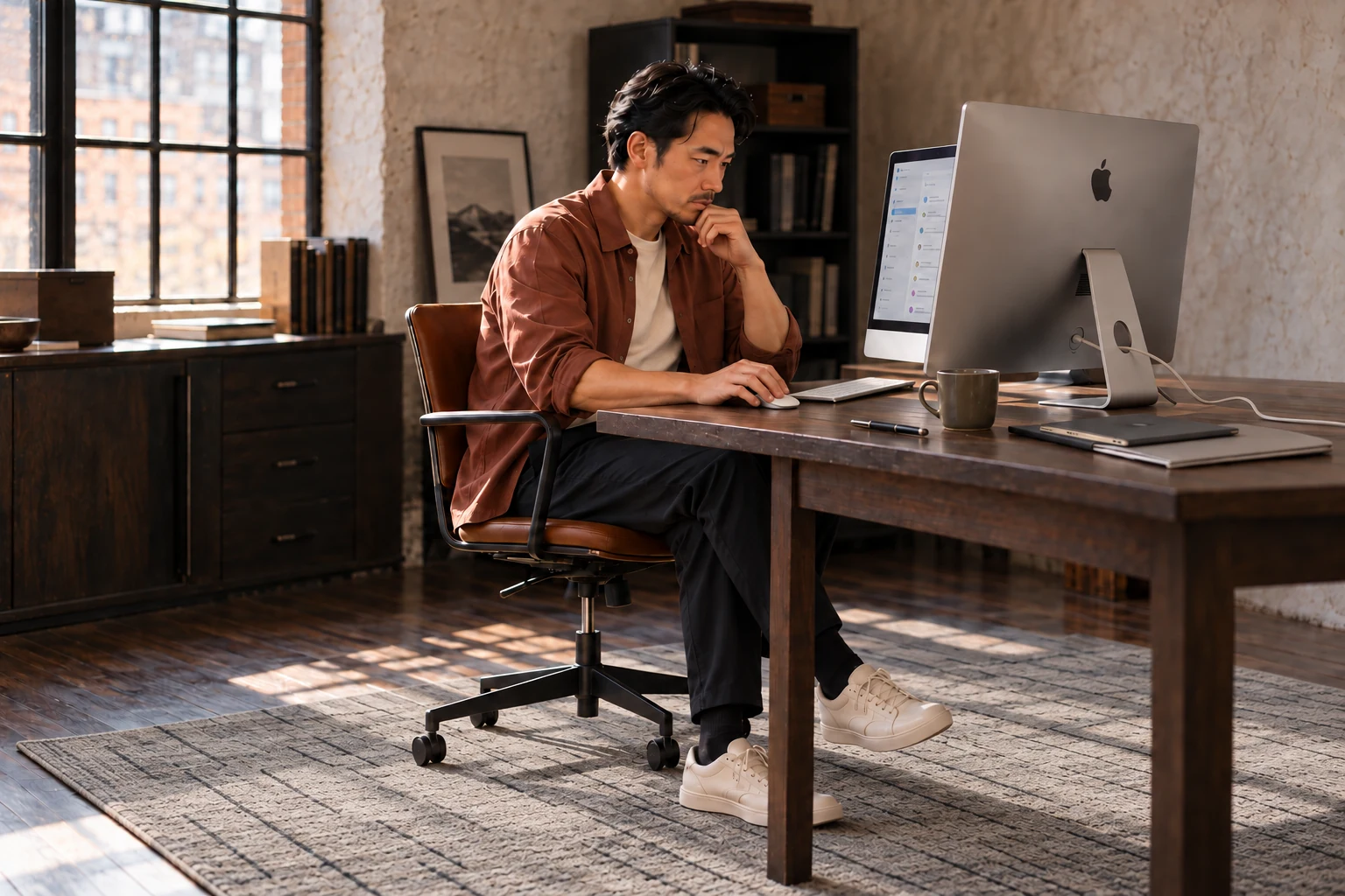 A founder working at an iMac in a natural, modern office